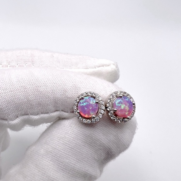 Halo Pink Fire Opal Cz & Clear Cz .925 Sterling Silver Earring & Necklace Set - Picture 11 of 17